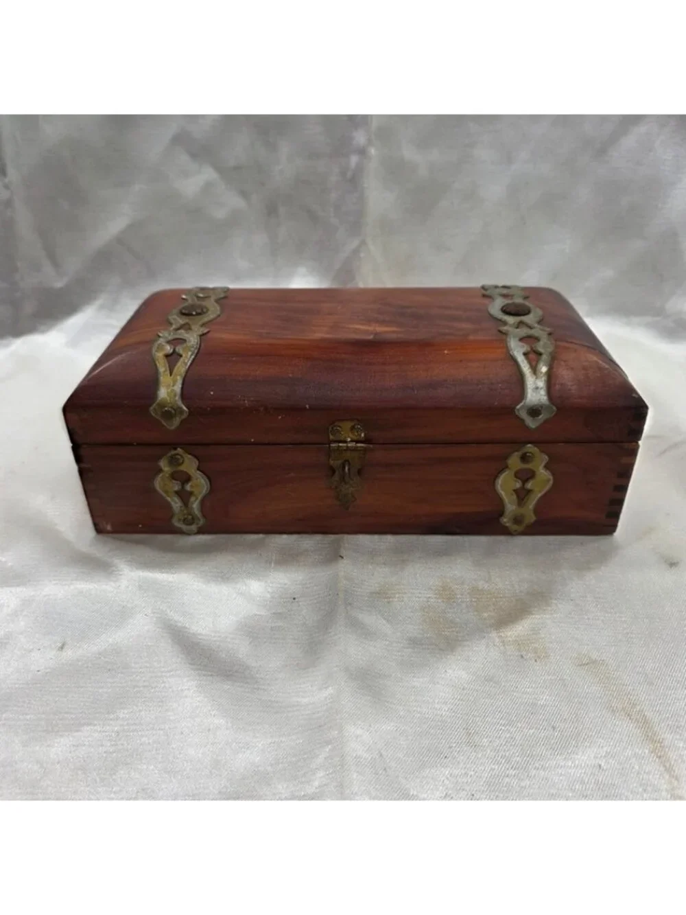 Vintage Cedar Jewelry Trinket Box Ornate Brass Hardware